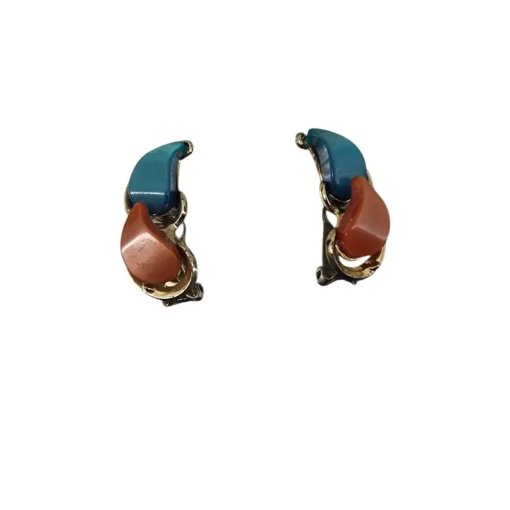 1980s Blue Orange Acrylic Gold Tone Clip-On Earrings | Sculptural
